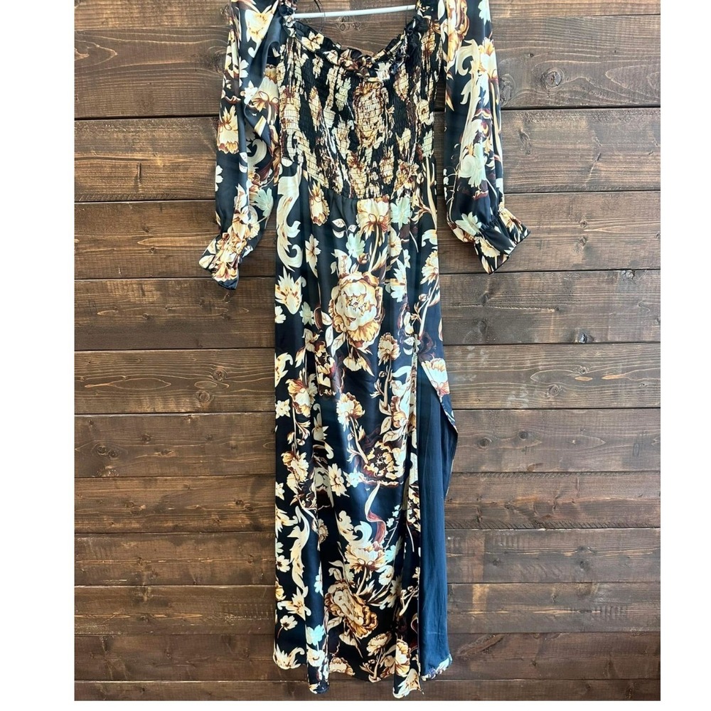Southern Fried Chics Black Floral Smocked Maxi‎ Dress L709-HT Womens Medium